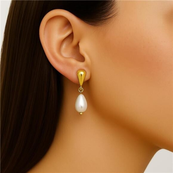 14K Gold-Plated Teardrop Pearl Drop Earrings – Elegant, Hypoallergenic - Picture 2 of 4